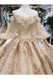 Ball Gown Wedding Dresses 3/4 Sleeves Top Quality Appliques PC3J921A