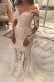 Long Sleeve Sparkly Mermaid V Neck Beads Wedding Dresses With Applique STK15249