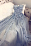 A Line Blue Strapless Sweetheart Tulle Appliques Prom Dresses, Charming Prom Gowns STK14993