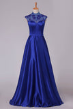 2024 High Neck Prom Dresses Satin With Beading Floor Length Dark Royal PKKA733B