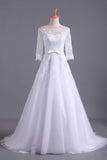 2024 Shiny Wedding Dresses Bateau Half Length Sleeve A Line PLG2C7EY