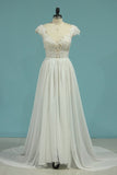 2024 Beach Wedding Dresses A-Line V-Neck Chiffon Full PNCEBN81