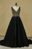 2024 New Arrival A Line V Neck Prom Dresses Satin PT771ML4