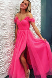 A Line Off the Shoulder Hot Pink Tulle Prom Dresses with Split, Long Formal Dresses STK15493