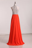 2024 Chiffon A Line Halter Prom Dresses Beaded Bodice PLTPCXL6