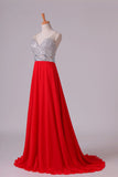 2024 Prom Dress V-Neck A-Line Beaded Tulle Bodice Sweep Train PZ2759R5