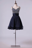 2024 Straps A Line Mini Prom Dress Beaded Bodice With Pleated PFCPP6EB