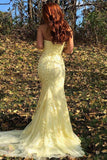 Yellow Mermaid Strapless Lace Appliques Prom Dresses with Slit, Evening STK20475