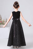 Sparkly A Line Black Sleeveless Bownot Flower Girl Dresses