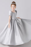 A Line Silver Short Sleeve Floor Length Elegant Flower Girl Dresses With Bownot