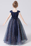 Navy Blue Cap Sleeve Floor Length Flower Girl Dresses With Bownot