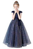 Navy Blue Cap Sleeve Floor Length Flower Girl Dresses With Bownot