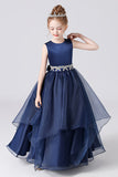 Navy Blue Stain Sleeveless Floor Length Flower Girl Dresses