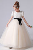 A- Line Short Sleeve Tulle Beading Flower Girl Dresses With Bow