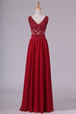 2024 Burgundy V-Neck Prom Dresses A Line Chiffon With PKBE6KP2