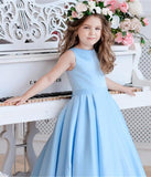 Princess A Line Sky Blue Satin Flower Girl Dresses with Bowknot, Baby Dresses STK15586