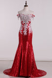 2024 Prom Dresses Sweep Train Mermaid Off-The-Shoulder Sequins Lace Red