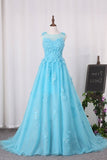 2024 Bateau A Line Prom Dresses Tulle With Applique PATRHYHR