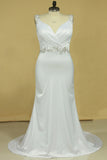 2024 Plus Size Wedding Dresses A Line V Neck Open Back With Beading Stretch PM7HK7BM