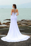 Sheath Straps Beading Long Halter Chiffon Slit Sweetheart Beach Wedding Dresses