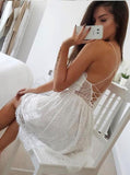 A-Line Spaghetti Straps Lace up V Neck Sleeveless Short White Lace Homecoming Dress