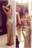 Sparkly Gold Sequins V-Neck Criss Cross Sleeveless Sheath Backless Prom Dresses BD086