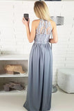 Charming A-Line Round Neck Split Front Grey Satin Sleeveless Prom Dresses with Lace