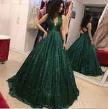 A-Line V-Neck Open Back Dark Green Sequin Luxury Lace up Long Prom Dresses