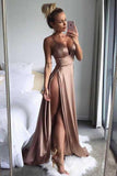 Brown Satin Thigh-High Slit Deep V-Neck Spaghetti Straps Long A-Line Prom Dresses