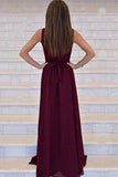 Simple A-line V-neck Chiffon Sweep Train Burgundy Sleeveless Sashes Prom Dresses