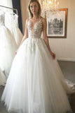 Elegant Ball Gown Round Neck Ivory Open Back Wedding Dress with Appliques Bridal Dresses