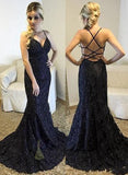 Spaghetti Straps V-Neck Black Mermaid Sparkly Sexy Beads Tulle Unique Prom Dresses