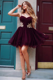 Maroon Mini Spaghetti Straps Sweetheart Lace Applique Above Knee Short Hoco Dresses