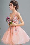 A Line Orange Cheap Ball Gown Spaghetti Straps Above Knee Flowers Homecoming Dresses