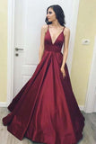 Burgundy Simple A-Line Satin V-Neck Spaghetti Straps Long Floor Length Evening Dresses