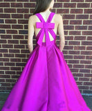 Gorgeous A Line Hot Pink Long with Ribbon Back V Neck Satin Deep V Neck Prom Dress