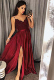 Chic A Line Spaghetti Straps Long Lace Burgundy V Neck Maxi High Split Prom Dresses