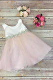 Scoop Bowknot Knee-length Ivory Organza Beads Sleeveless Flower Girl