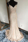 Luxurious Mermaid Spaghetti Straps V-Neck Sparkly Open Back Prom Dress Party Dress