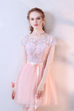 A Line Pink Tulle Cap Sleeves Scoop Short Prom Dresses with Flowers Homecoming Dress