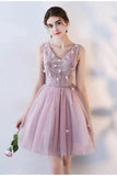 Princess Pink A Line V Neck Flowers Tulle Lace up Short Mini Homecoming Dresses