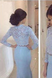 Baby Blue Lace Two Pieces Mermaid Long Sleeve Sexy Prom Dress Dresses for Prom PD190446