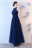 Elegant A-Line Blue Halter Tulle Long Open Back Beads Lace up Prom Dresses