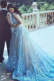 A-Line Square Chapel Train Sleeveless Blue Tulle Wedding Dress with Appliques Sash