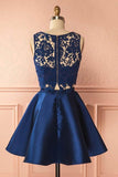 Two Piece Dark Blue Satin Cute Short A-Line Homecoming Dress with Lace Appliques