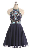 Dark Blue Beads Short Cute Halter Sweet 16 Cocktail Dress  GR56