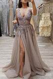 Charming A Line V Neck Open Back High Split Grey Lace Long Beads Long Prom Dresses