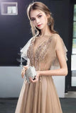 A Line V Neck Tulle Long Prom Dresses, Cheap Evening Dress with STK20488