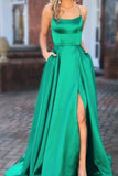 Elegant A Line Green Lace up Prom Dresses with Pockets Slit Formal Evening STK20406