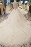 2024 Luxury Wedding Dresses Halter A-Line Lace Half Sleeves Open Back Cathedral Train Top PS5BQBT1